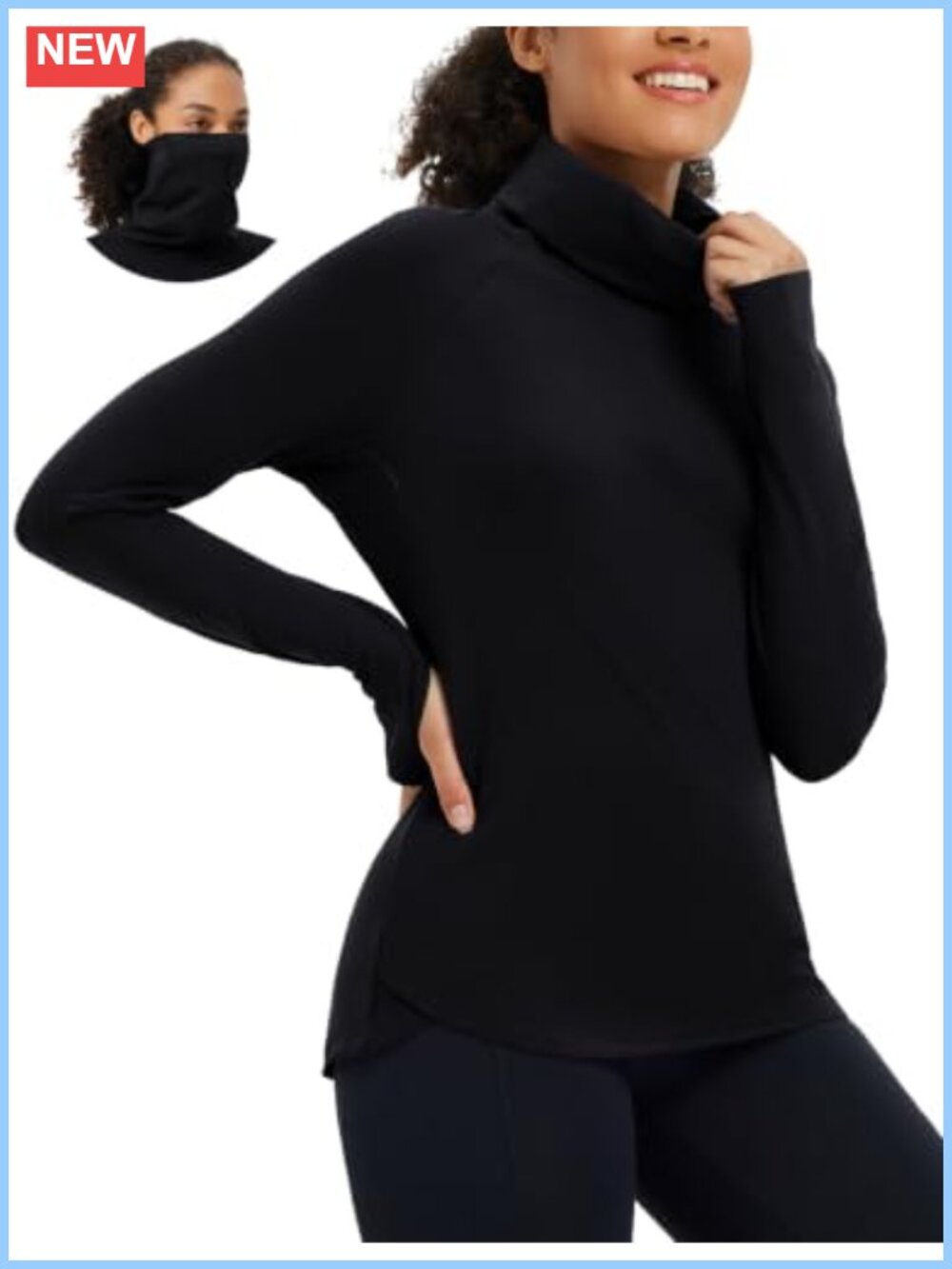 Fleece Lined Turtleneck Thermal Base Layer Funnel Neck Face Mask Long Sleeve